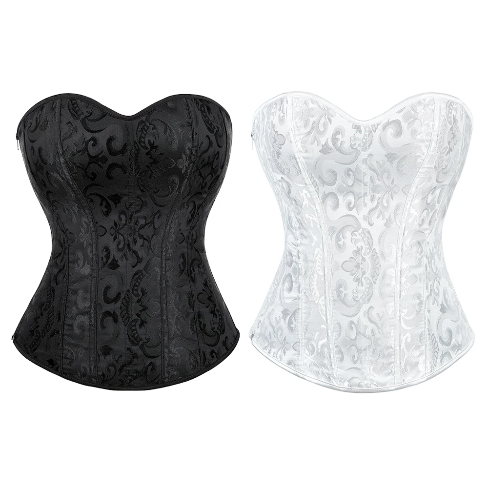 

Jacquard Overbust Corset Black White Waist Bustier Top Side Zip Lingerie Korset