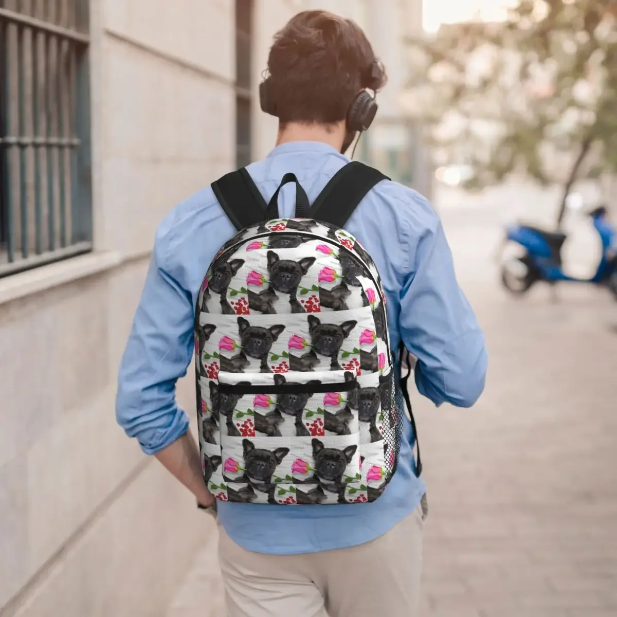French Bulldog With Flowers Student Backpack School Bag Hiking Travel Daypack for Boys Girls Bookbag Shoulder Bags