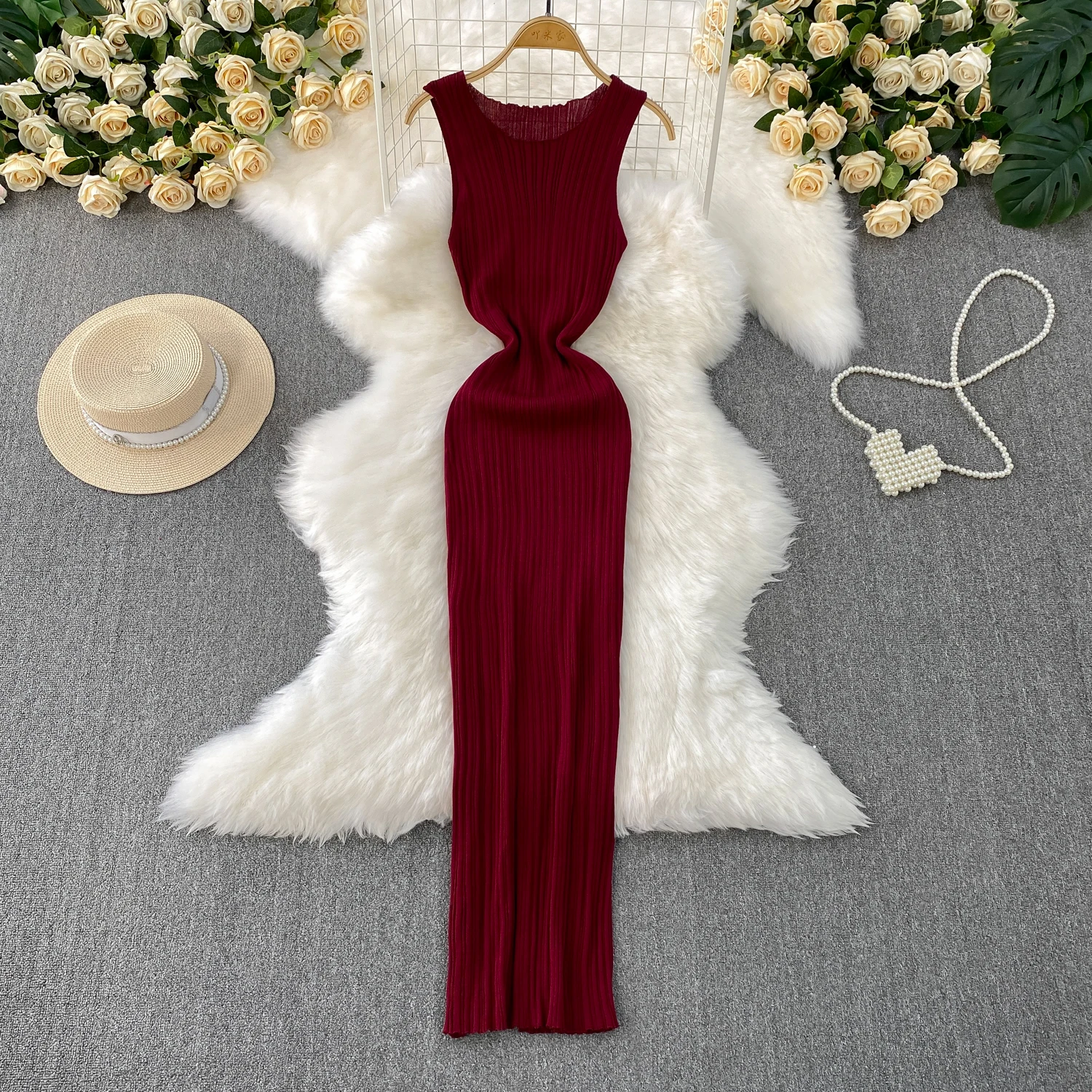 

New Fashion High Waist Vintage Elegant sleeveless Knit O-neck Dress A-line Casual Women Fashion High Waist