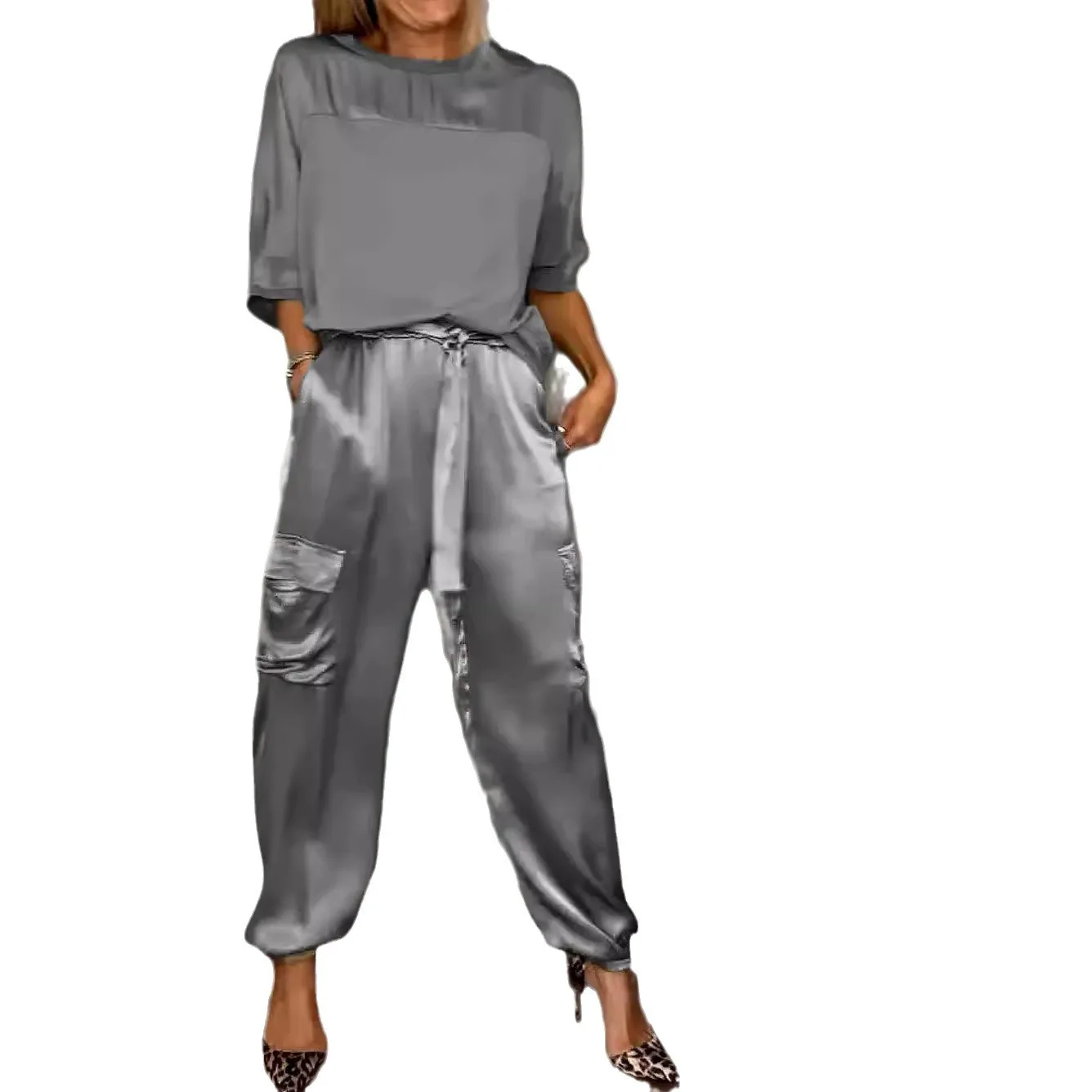 Casual Satin Shirt Pant Sets Women Fashion Pure Color Pocket Pant 2-częściowe zestawy damskie Outfit Summer Loose Shirts Suit Ladies