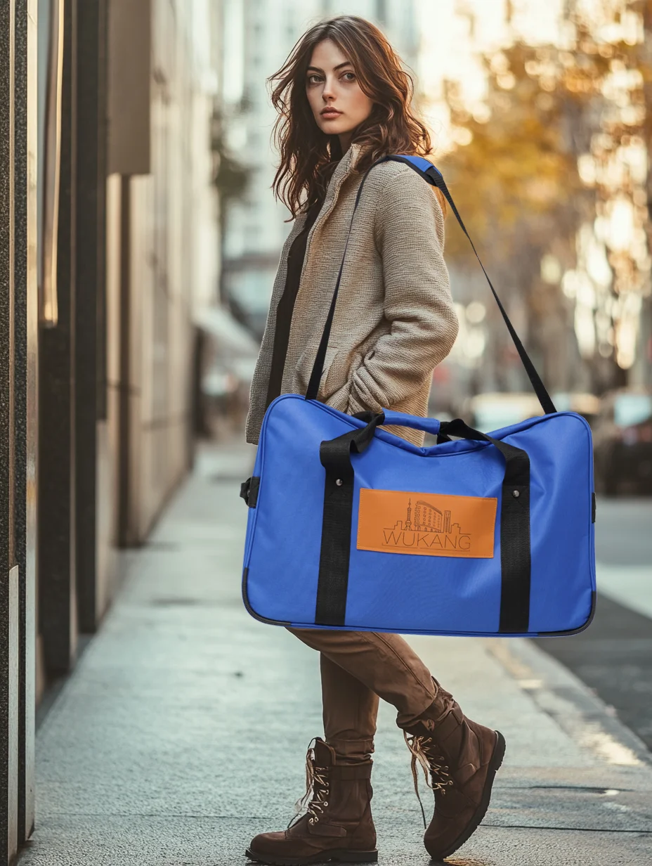 

1pc Blue Travel Bag with Brown Wukang Building Logo, Durable and Stylish for Trips