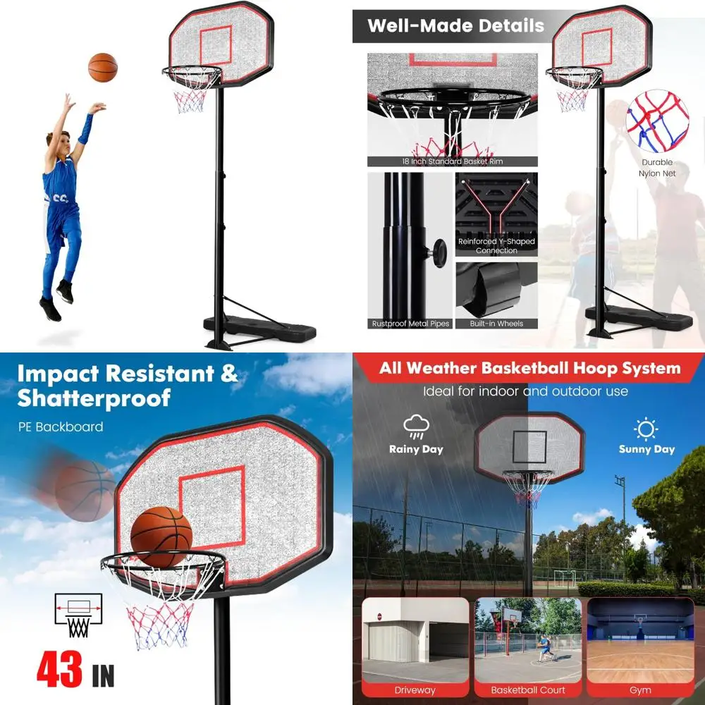 هدف كرة سلة خارجي قابل للتعديل بطول 6.5FT-10FT مع 43 لوحة خلفية مقاومة للكسر، 18 سلة، مقاوم لجميع الأحوال الجوية، مناسب لـ Var