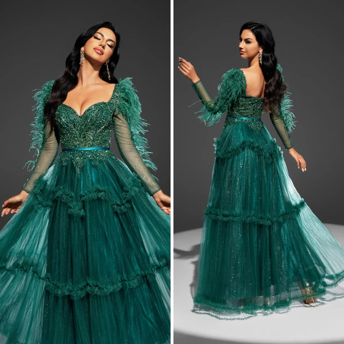 Glitter Dark Green Evening Dress A-Line Ruffles Appliques Sweet Long Sleeves Feather Tulle Court Vestidos De Customized