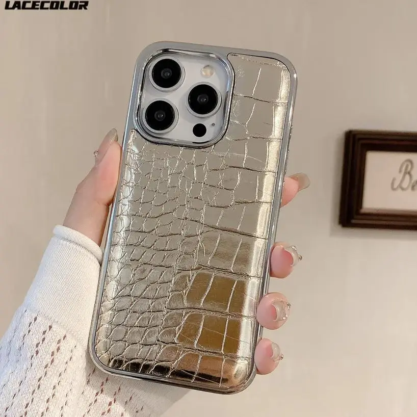 Cool Luxe Plating Krokodil Textuur Case Voor Iphone 16 15 14 Plus 13 12 11 Pro Max Bumper Reflecterende Camera Beschermhoes