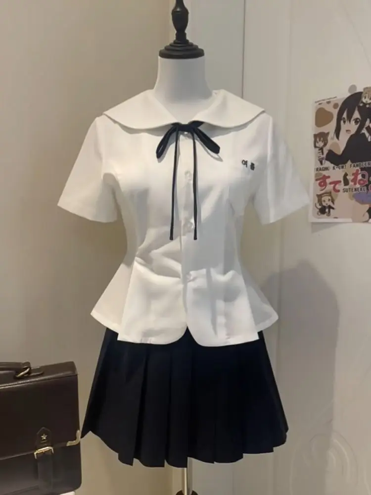 

Preppy Style Korean Fashion New 2-piece Set Women Summer Chic Jk Uniform Lapel White Tops Kawaii Lovely Pleated Skirt Outfits