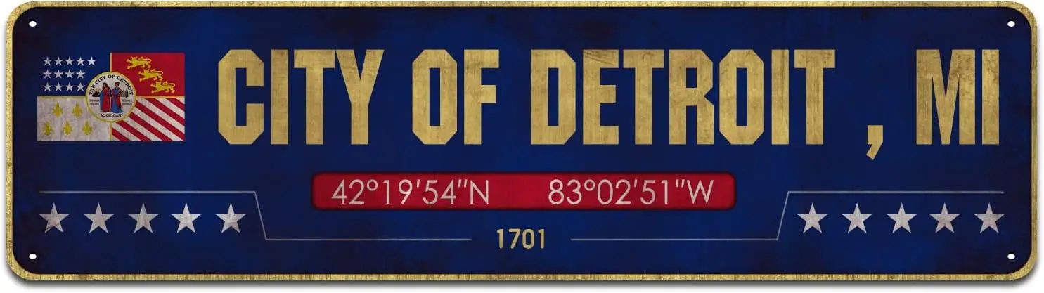 City of Detroit, MI Metal Tin Signs 16x4 Inch Decorative Poster Plate Funny Wall Decor for Garden Man Cave Beer Home