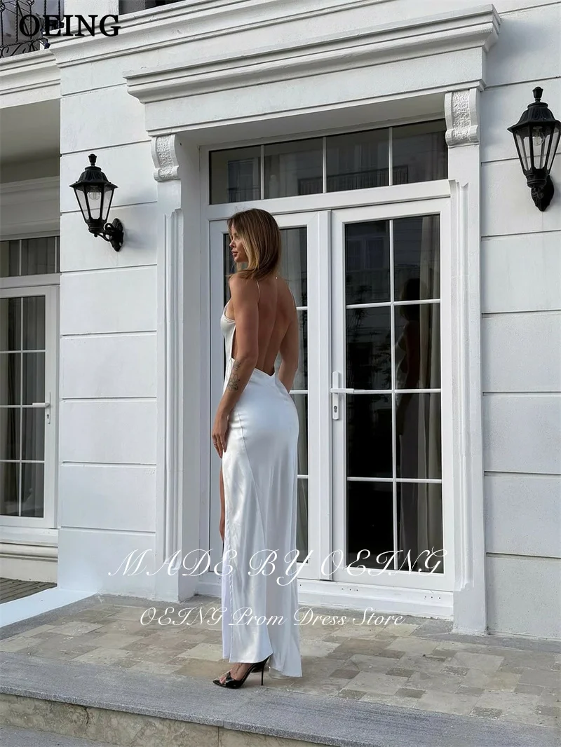 Oeing simples sereia vestidos de baile com decote em v sem mangas cetim sem costas fenda lateral vestidos de festa até o chão vestido de noite personalizado