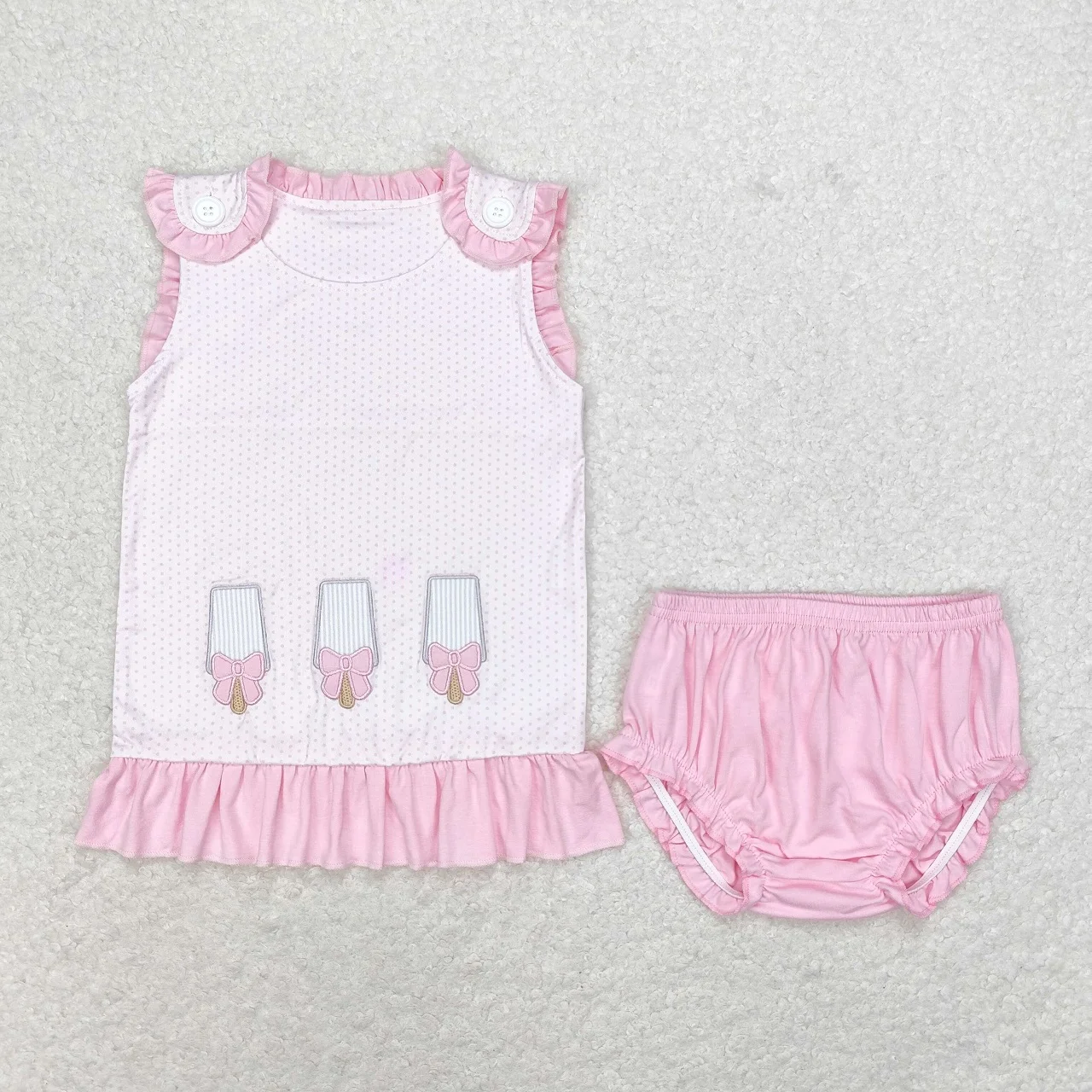 

Wholesale Kids Baby Girl Summer Outfit Children Sleeveless Embroidery Popsicles Tops Pink Bummies Shorts Infant Toddler Set