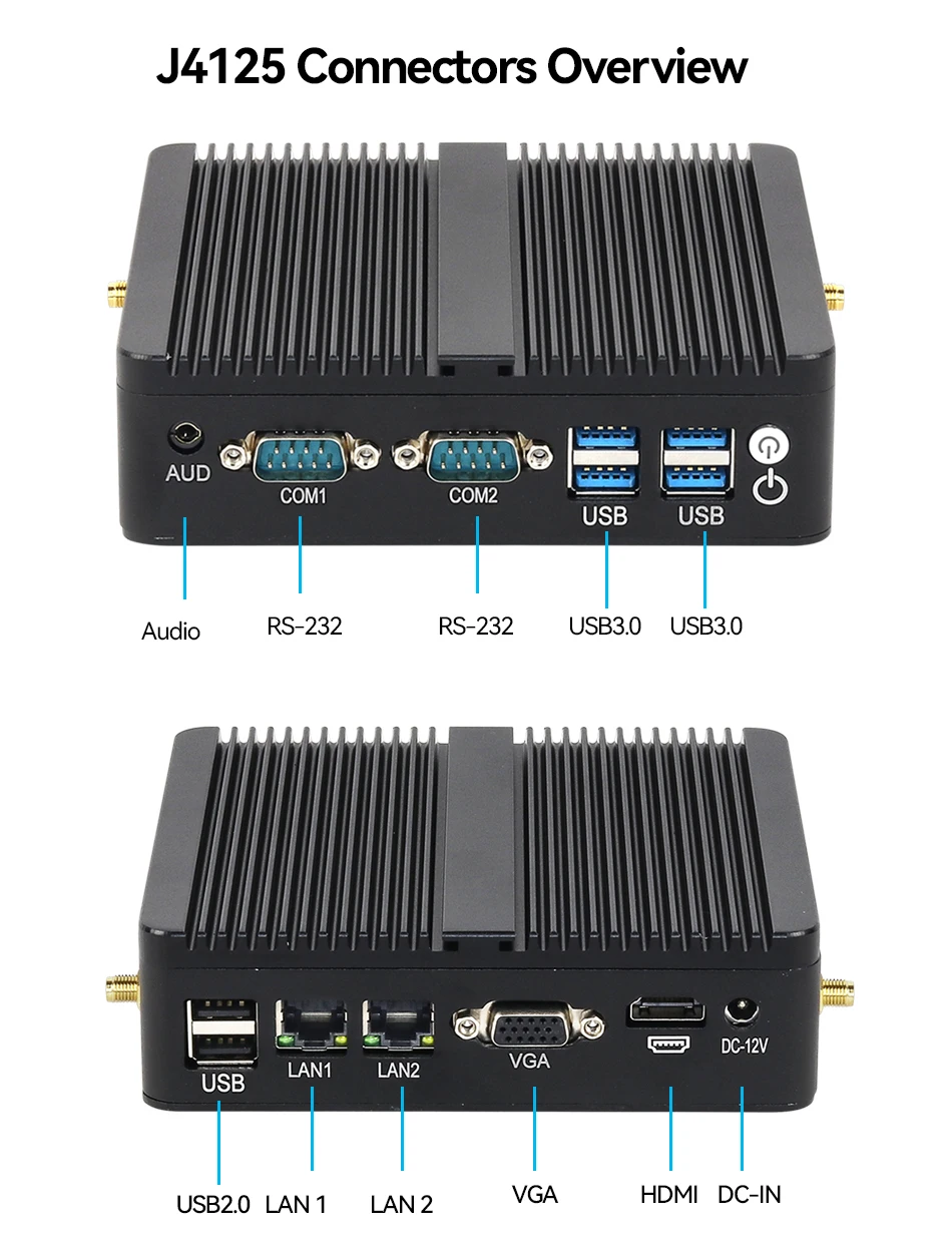 Mini-pc zonder ventilator Intel Celeron J4125 J6412 2x Gigabit Ethernet 2x COM RS232 RS485 6x USB Ondersteuning WiFi 4G LTE Windows 10 Linux