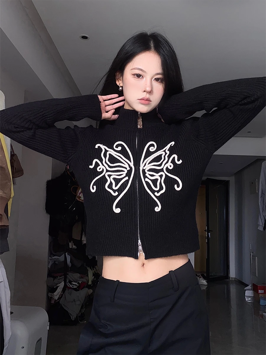 

BabyStudios Vintage Collar Double Zipper ort Knitted Sweater Women's Autumn Winter Slim Fit Inner Wear Cardigan