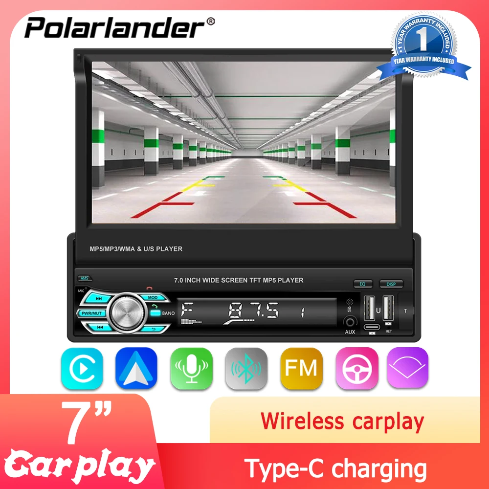 

7" 1 Din 4 Led Camera Manually Retrackable Touchscreen MP5 Player with Apple Carplay Android Auto Bluetooth Mirror Link FM AM