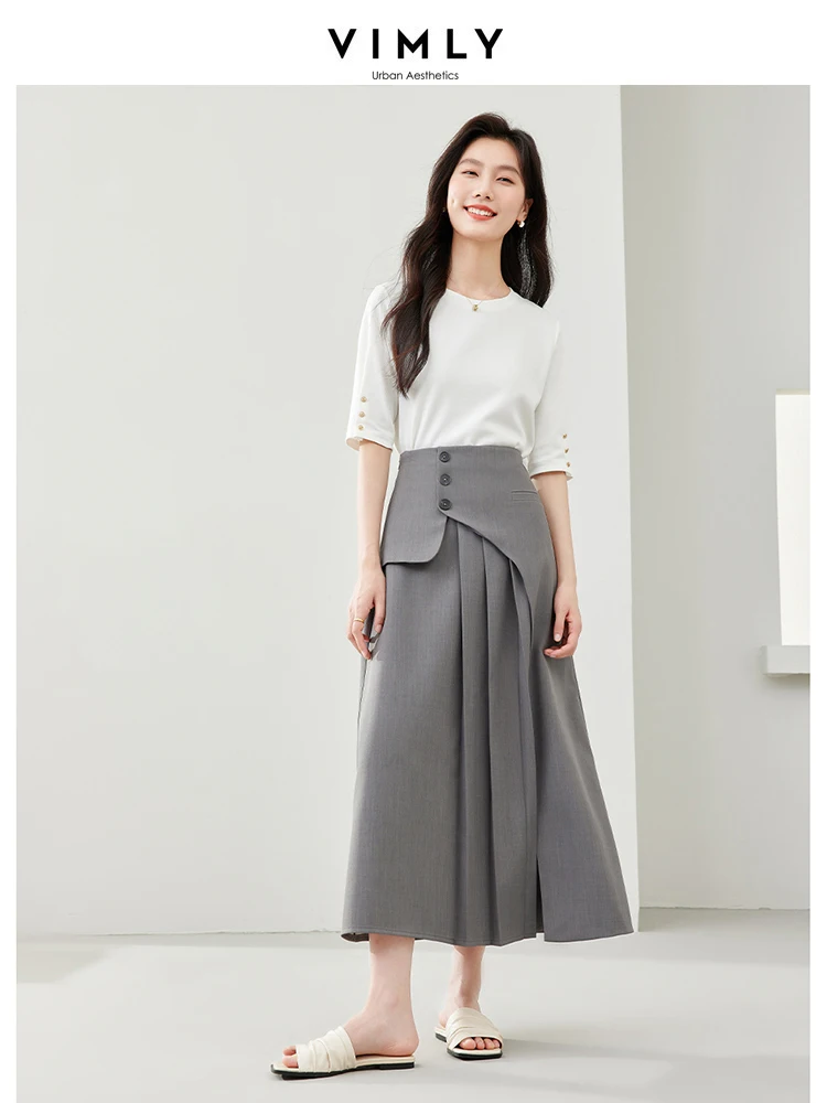 Vimly Grey Casual Simple A-line Umbrella Skirt 2024 Spring Elegant Solid Midi Skirts for Office Ladies Women\'s Clothing M5382