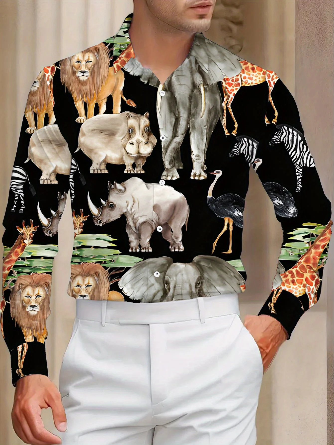 

Men's casual long-sleeved shirt with bright animal patterns - stylish button neckline, standard fit for all casual clothing