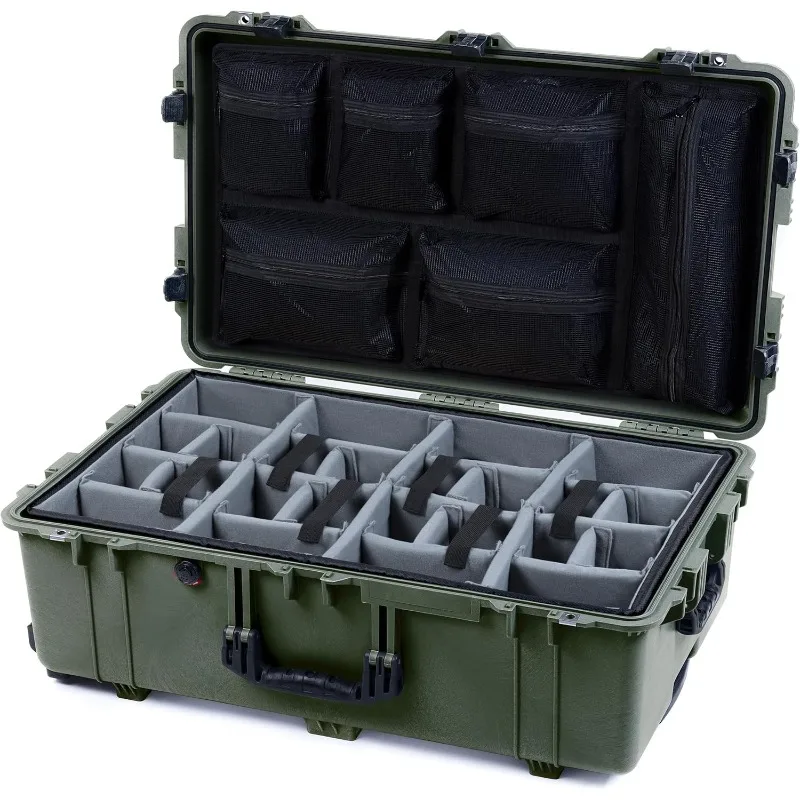 

Pelican 1650 Case OD Green - Large Sized Waterproof Rolling Case with Grey Padded Dividers & Mesh Lid Organizer - Blac