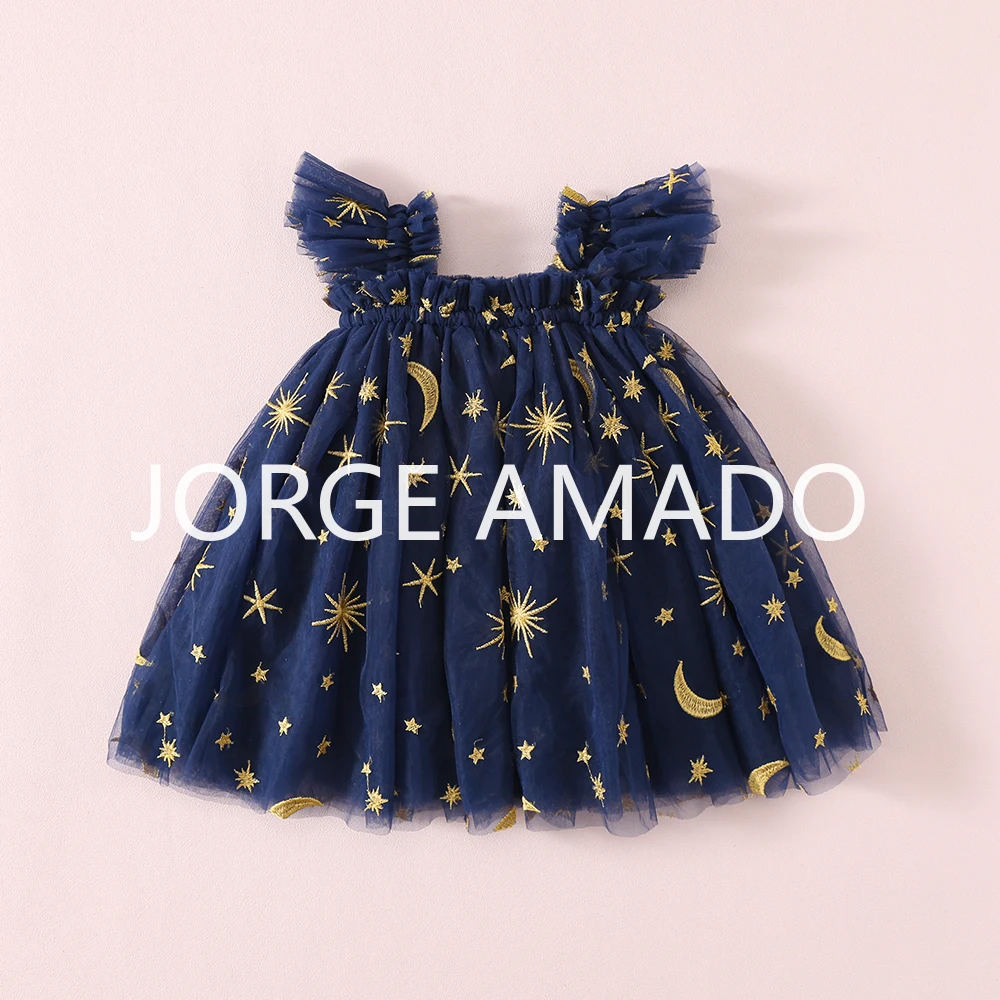 New Summer Kids Girls Dress Star Moon Print Tulle Flying Sleeveless Square Collar Shirring Daily Princess Tutu Dresses H0359