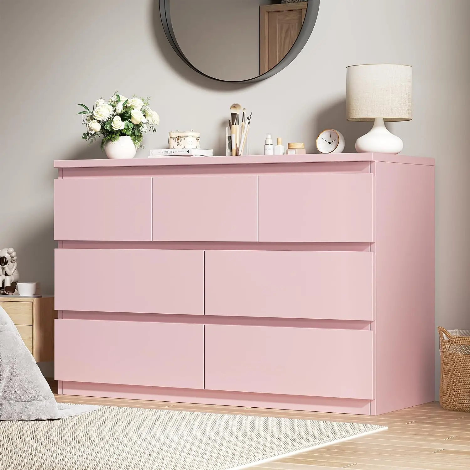 Pink 7 Drawer Dresser Bedroom Wood Chest Closet Storage Deep Drawers Living Room Hallway 15.3