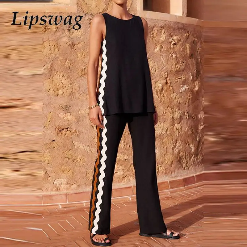 

Women 2025 Two Piece Slim Outfit Lady Patchwork Striped Temperament Suit Simple Elegant Sleeveless O-Neck Blouse&Long Pants Suit