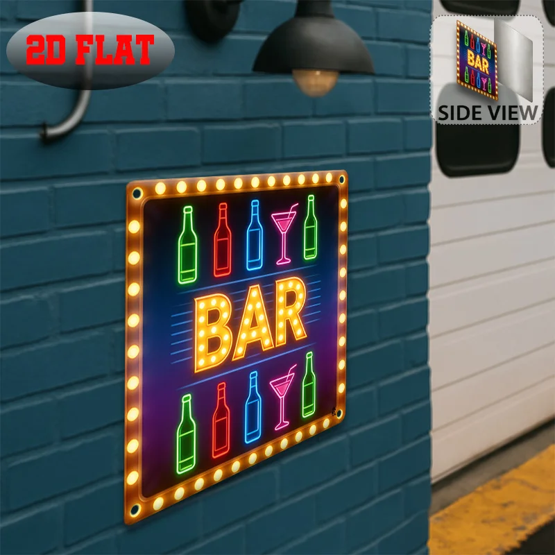 Vintage Metal Tin Sign,Bar Wine Bottle Martini Marquee Light Neon Print Rust Plaque,2D Flat No LED Bar Wall Decor