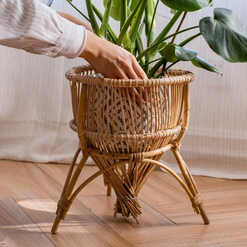 Creative Landing Flower Stand Green Plant Potted Showcase Natural Rattan Woven Basket for Living Room Balcony Shelving Display