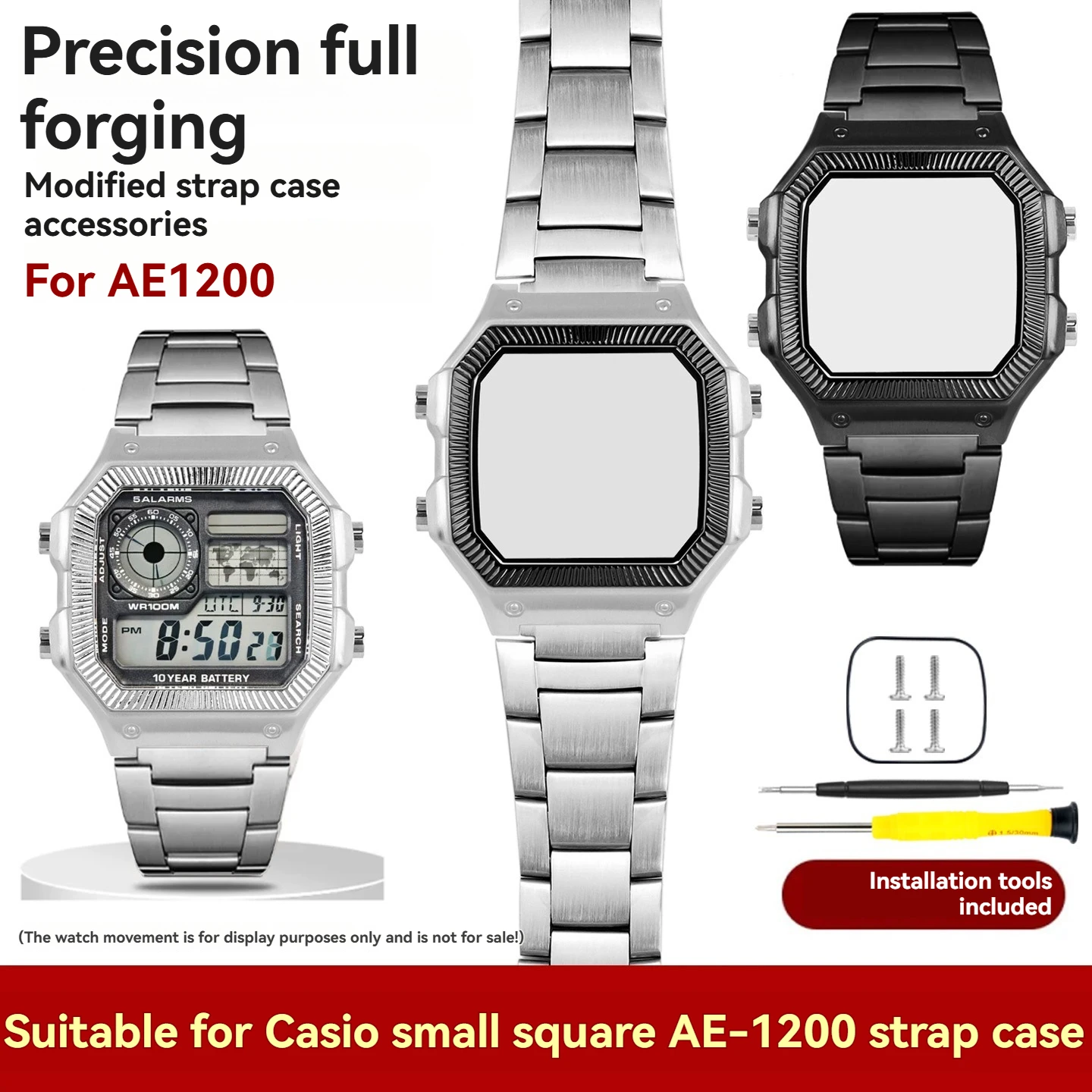 AE-1200 Stainless Steel strap&Case For Casio 3299 AE-1200WH Watch Case Modified Metal Case Shell HD Glass AE1200 1300 Mod kit