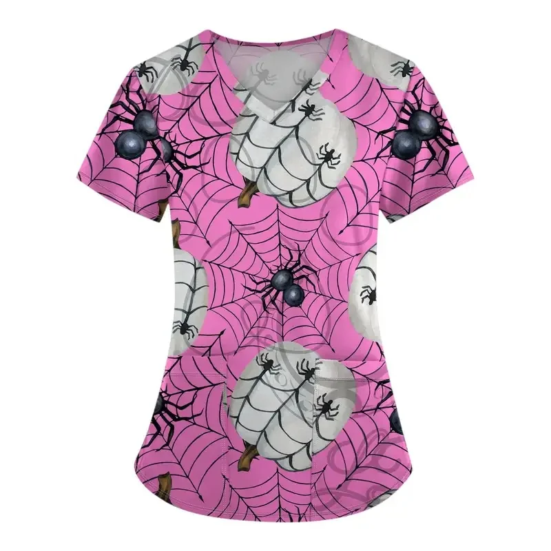 Halloween Women's Spider Pattern Medical Uniform Short SleeveVSlightly elastic collar nurse top clinical workwearTShirt
