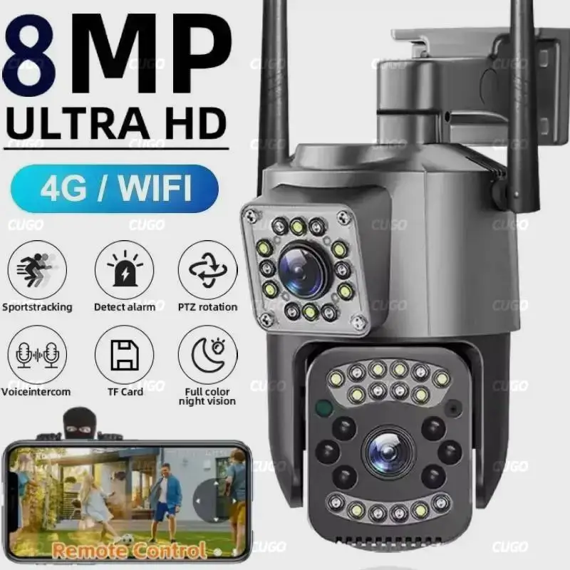 8MP 4K WIFI IP Camera Dual Lens PTZ 4G SIM Card Outdoor Webcam Alarm 10X Zoom Smart Home CCTV Security Protection Monitor Cam