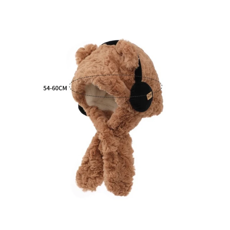 Plush Bear With Headphone Hat Hooded Cap Set 2 in 1 Winter Warm Plush Fleece Scarf Windproof Outdoor Cosplay Accessories