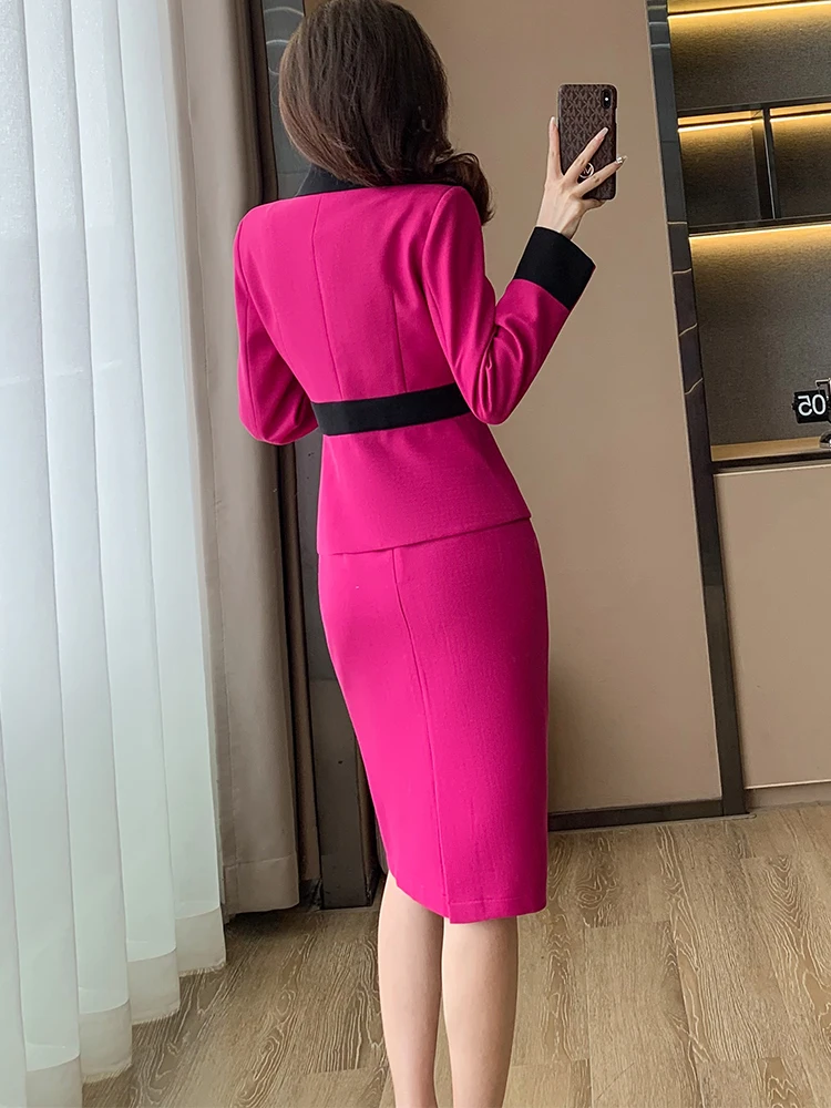 Fashion Women Casual Blazer Skirt Suit Ladies Pink Beige Long Sleeve Female Two Piece Set For Autumn Winter