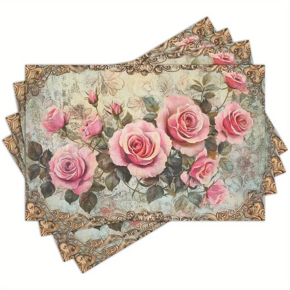 4PCS A Vintage Style Placemats Featuring An Arrangement Of Pink Roses Printed Placemats Washable Place Mats For Dining Table
