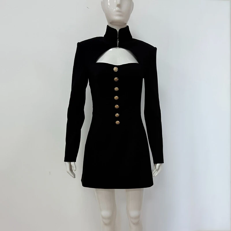 Typhaland Retro Sexy Hollow Mini Dress For Women Hgh Waist Slim Chic Long Sleeve Dress Buttons Fashion Office Lady Party Dress