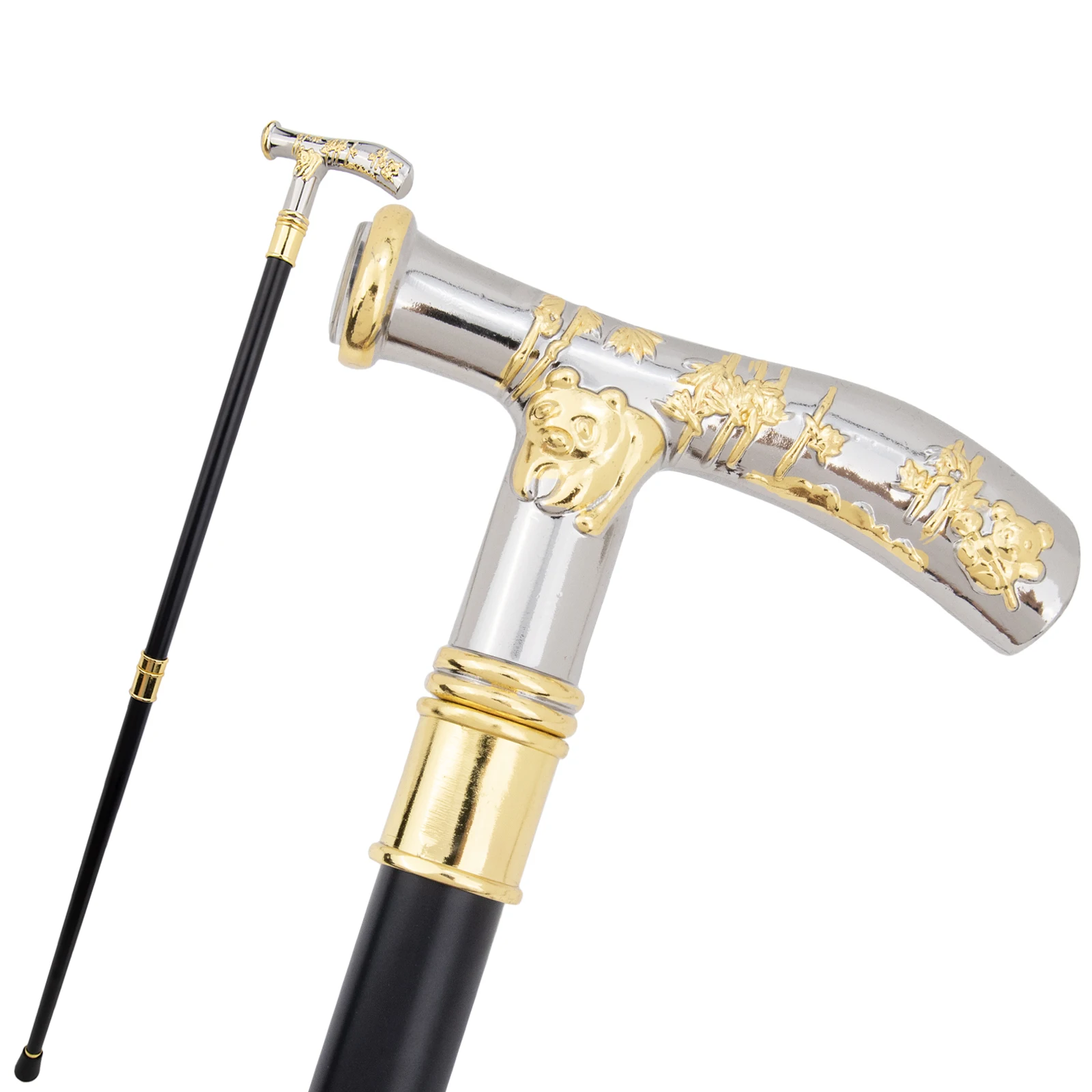 White Golden Panda Compass Walking Cane Stick Gentleman Elegant Cosplay Cane Knob Crosier Performance Stage Cane 92cm