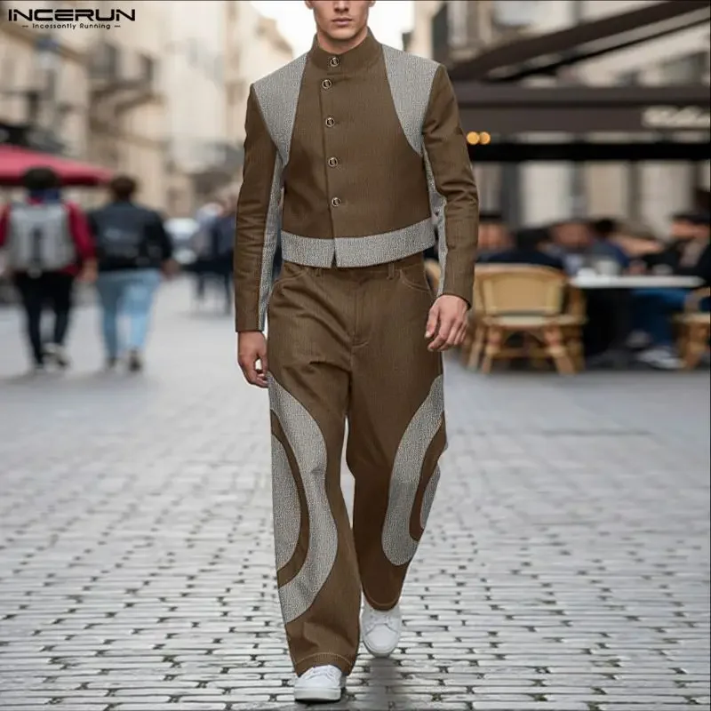 INCERUN Men Sets Patchwork Color-block Stand Collar Long Sleeve Jackets & Pants Two Pieces Sets Streetwear Fashion Men's Suits