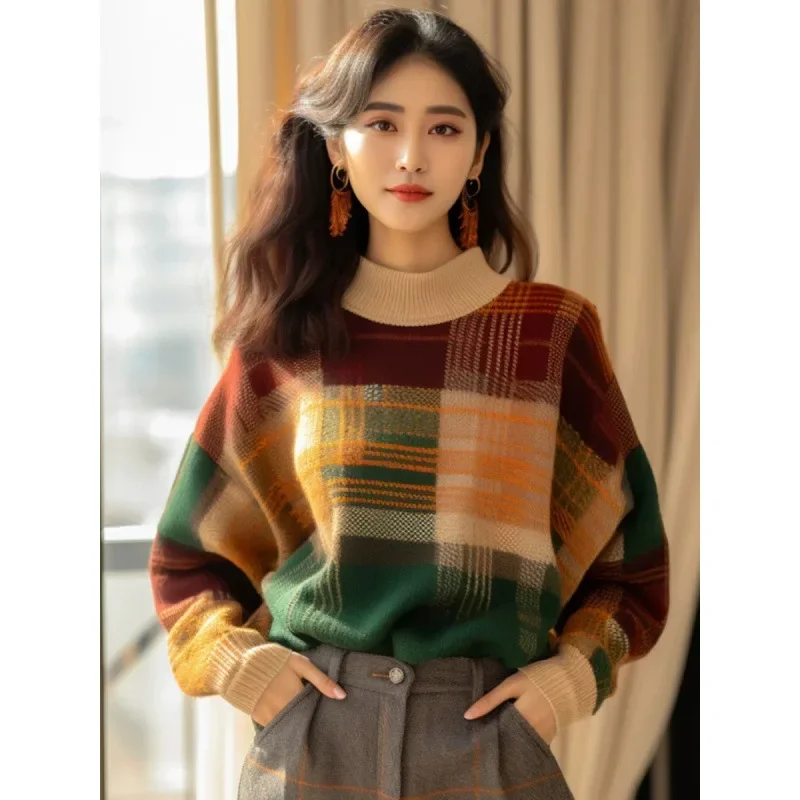 Vintage Plaid Color Blocking Half Polo/Turtle Neck Sweater Women's Autumn/Winter 2024 New Style European Imported Heavy Knit Top