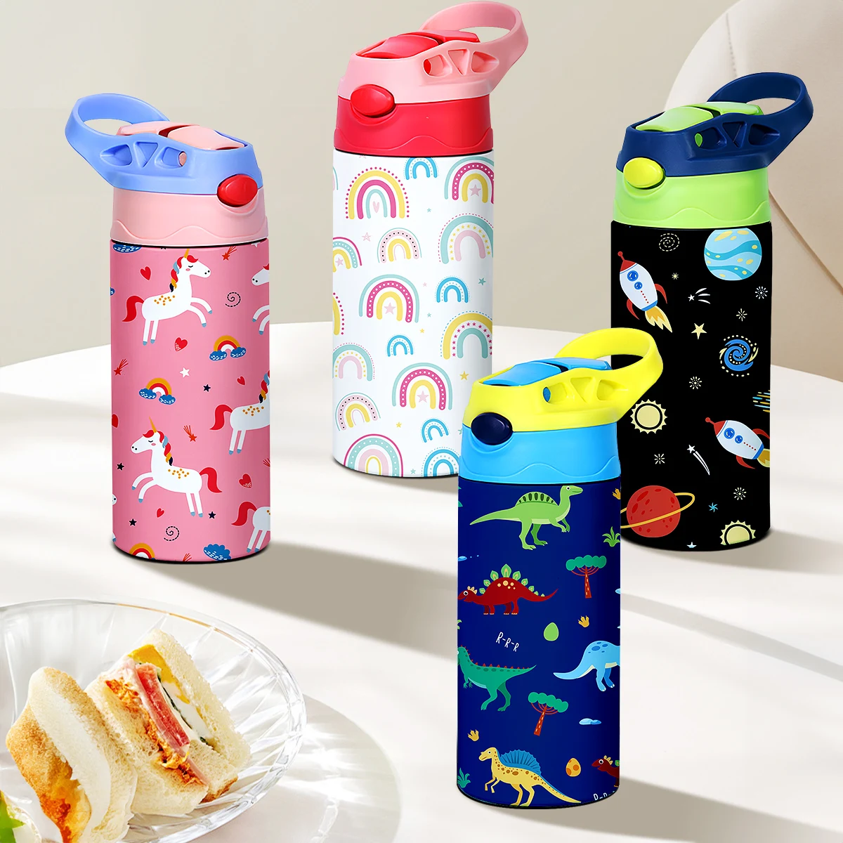 350ml Cartoon Pattern Vacuum Cup Kids Insulated Water Bottle Cute Animal Straw Thermos Mug Handheld Kettle for Outdoor School