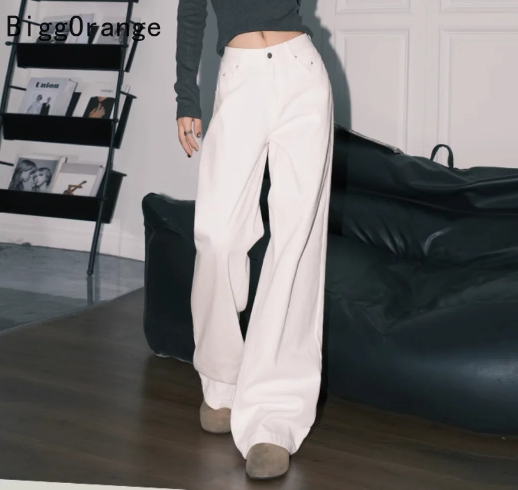 

2025 Jeans European and American White Drooping Wide Legs Women's Spring and Autumn Versatile High Waist Loose Floor Pants