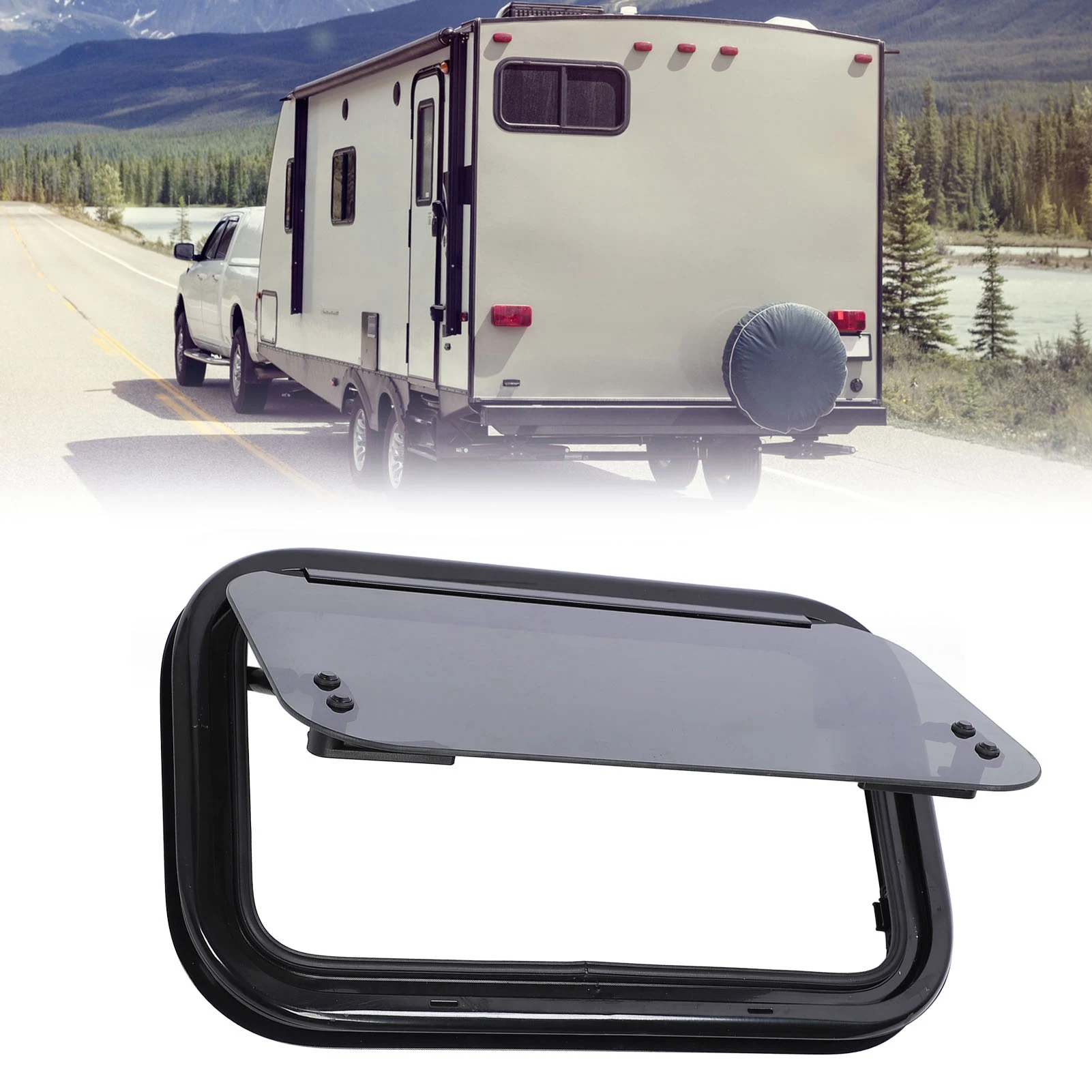 หน้าต่างแบบผลักออกสำหรับรถบ้าน ขนาด 20 x 12 นิ้ว พร้อมแกนไฮดรอลิก โครงยึดกันฝน มุมโค้งมน สำหรับรถแคมป์เปอร์