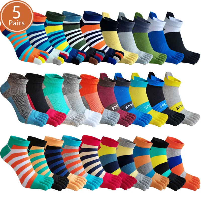 5 Pairs/Lot Man Five Finger Ankle Socks Cotton Colorful Striped Mesh Breathable Compression Young Fashion Boat Toe No Show Socks