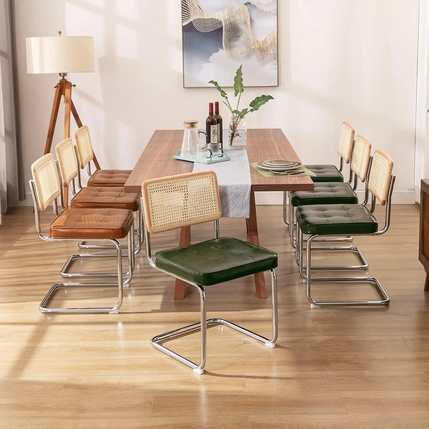 Natural Rattan Dining Chairs Set Of 2, Mid Century Modern Kitchen Accent Chairs With Chrome Frame, Upholstered Faux Leather Seats, Solid Wood Cane Mesh Cantilever Chairs, Green