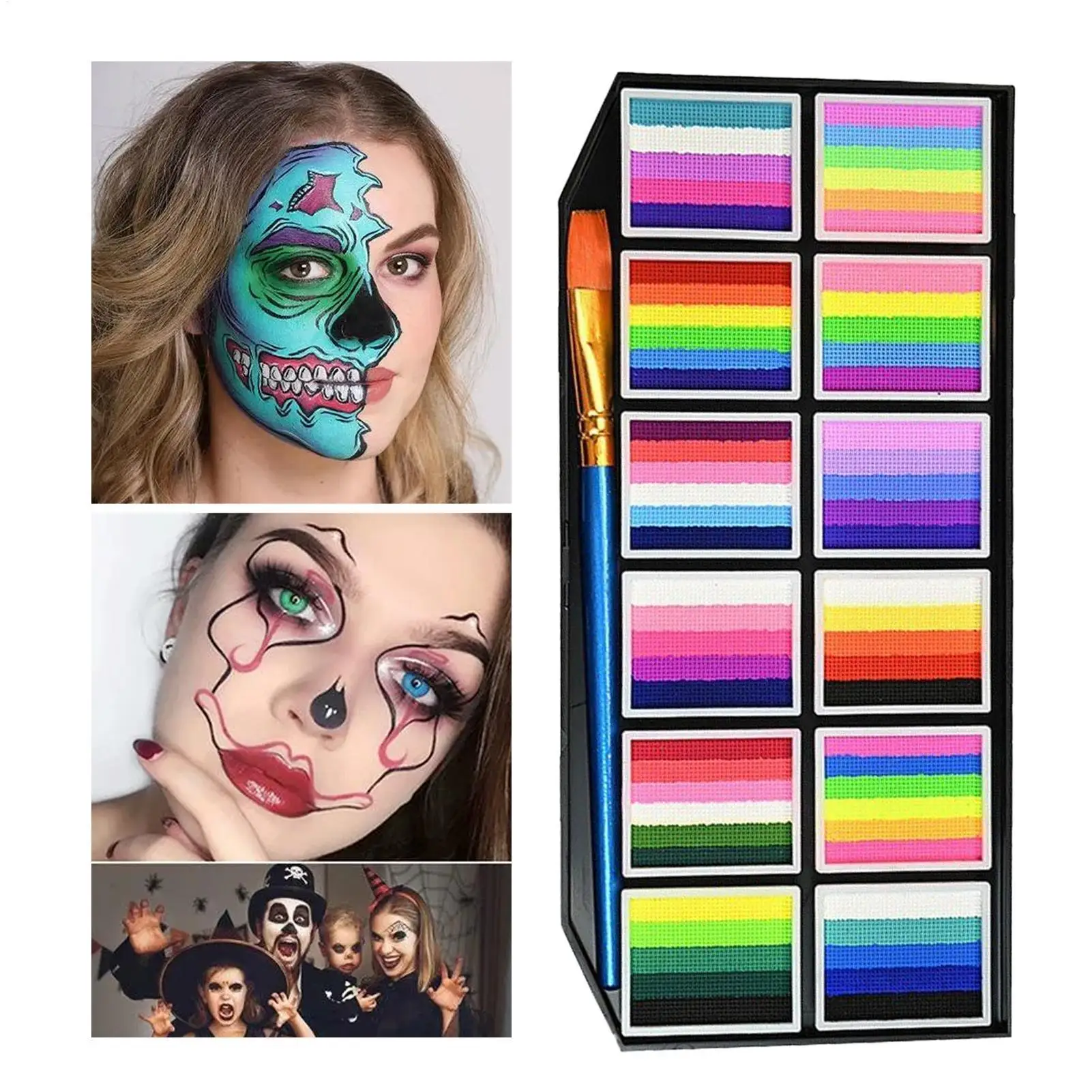 12-Panel Palette Rainbow Stripe Paint Set With Brushes Water Baseds Face And Body Paint Palette Christmas Halloween Cosplay