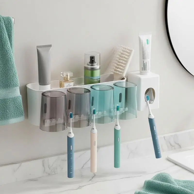 Multifunctional Toothbrush Holder And Mug Holder Wall Mounted Perforation-free Bathroom Shelf Mouthwash Cup Toothbrush Holder
