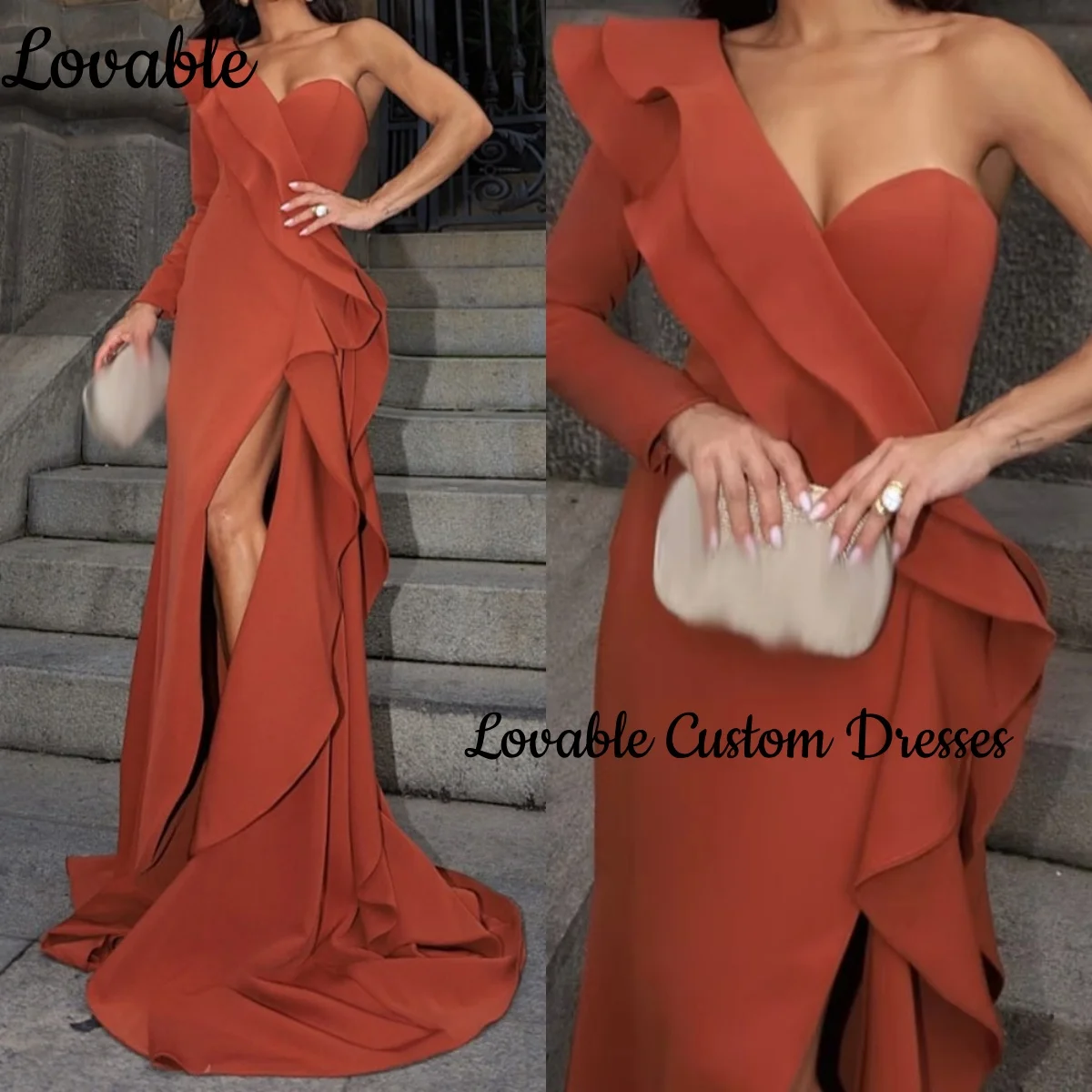 

Birthday Dresses Luxury Customize A-Line Split One-Shoulder Dresses For Prom Floor-Length Ruffle Zipper Up Long Sleeves Dresses