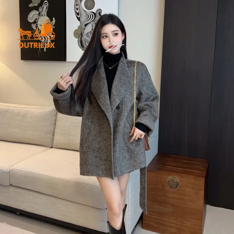 New Winter Woolen Coat for Women, Retro Temperament Mid-length Lapel Double-faced Wool Cashmere Coat with Belt and Waist Jacket