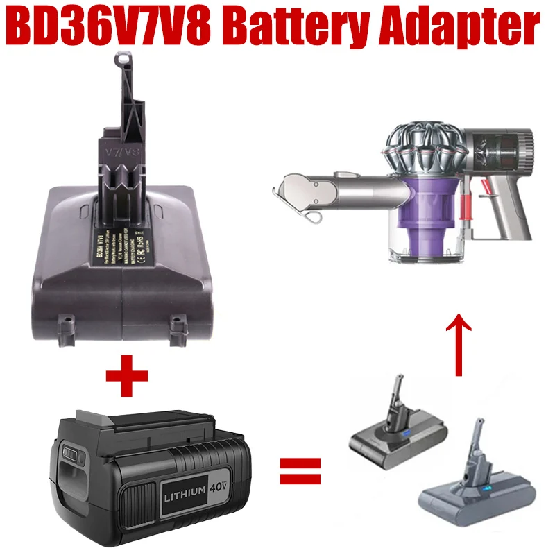 For Black & Decker 36V Li-ion Battery BD36V7V8 Battery Adapter Convert To for Dyson V7 V8 Series Cordless Stick Vacuum Cleaner