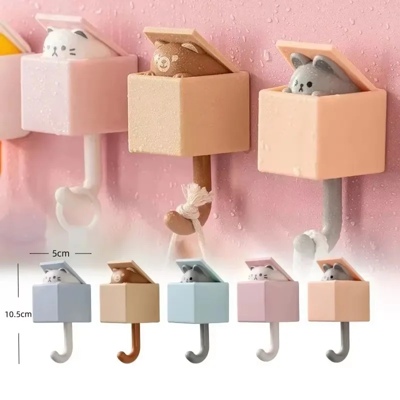1-10Pcs Cartoon Hook Self Adhesive Dormitory Bedroom Door Hanger Hook Key Umbrella Towel Cap Coat Rack Wall Animal Decor Rack