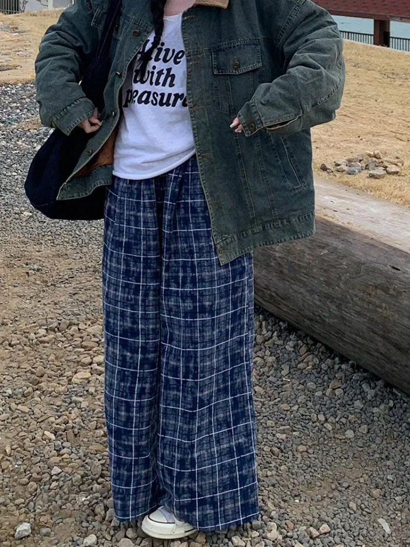 

American Retro Checkered Casual Pants Women's Summer New Lazy Style Loose and Versatile Straight Leg Wide Leg Floor Pants