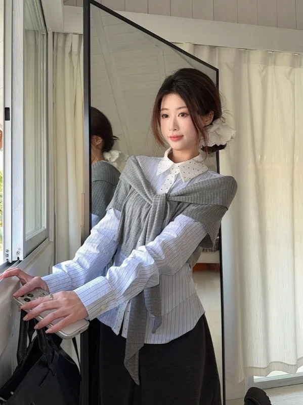 

Korean College Sle Fake Two-Piece Long Sve irt Women's Ele Design Spring New Arrival Faionable Top