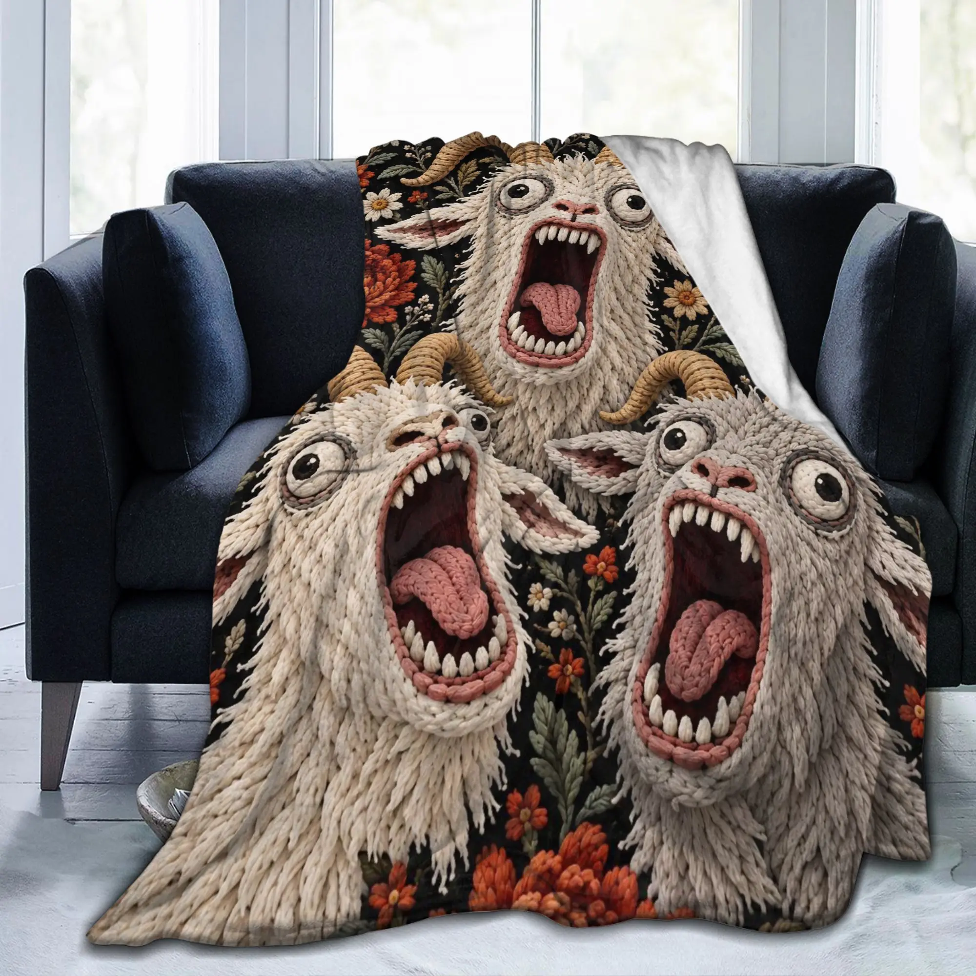 Screaming Goat Horror Gothic Floral Knitted Blanket Halloween Fuzzy Bedding Throw Blankets Rug Piece Lightweight Gift Portable