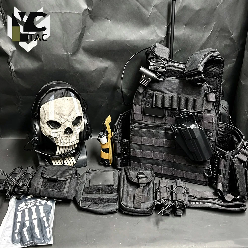 YCTAC COD Ghost Tactical Vest Set Airsoft Paintball MOLLE Combat Gear Kit with Mask Belt Gloves for CS Game Call of Duty Cosplay