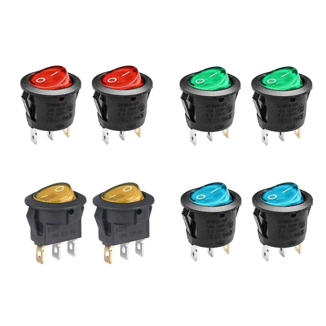 5/10PCS KCD1 On/Off 3 Pin 2 Position Snap 20A 12V Red LED Round Boat Rocker Switch with LED For Househeld DIY Replacement