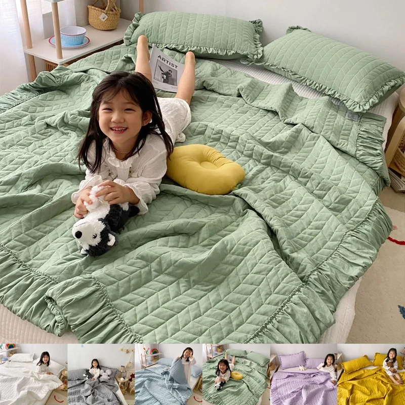 

Korean Ruffles Quilted Summer Comforter Set or Single Quilt High Quality Princess Pleated Quilts Soft Skin-friendly Thin Blanket